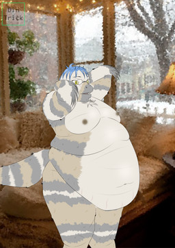 anthro areola bedroom belly belly_rolls big_belly big_butt big_legs blue_hair butt cellulite double_chin fat_rolls feathers female flat_chested fur hair navel nipples nude obese overweight overweight_female snow solo stretched tail thick_tail winter yellow_body yellow_eyes dintrick dinosaur prehistoric_species reptile scalie absurd_res hi_res