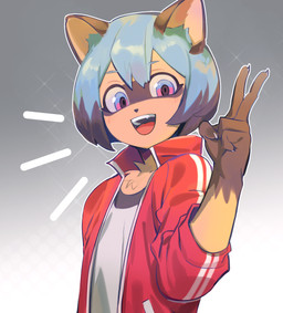 5_fingers anthro black_hair blue_eyes blue_hair brown_body brown_fur clothed clothing female fingers fluffy fluffy_tail fully_clothed fur gesture hair hand_gesture jacket multicolored_eyes multicolored_hair open_mouth pink_eyes short_hair solo tail tongue topwear v_sign taku_(pixiv) brand_new_animal studio_trigger michiru_kagemori canid canine mammal raccoon_dog tanuki 2020 half-length_portrait hi_res portrait