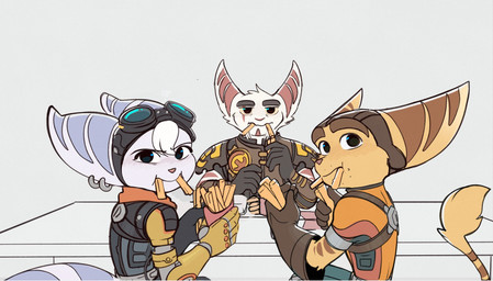 anthro armor clothed clothed_anthro clothed_female clothing cybernetic_arm cybernetic_limb ear_piercing ear_ring eyewear eyewear_on_head female food fries fur goggles goggles_on_head group looking_at_viewer male markings piercing ring_(marking) ring_piercing ringed_tail striped_markings striped_tail stripes tail tail_markings tail_tuft trio tuft white_body white_fur yellow_body yellow_fur time_fluffy500 ratchet_and_clank sony_corporation sony_interactive_entertainment alister_azimuth ratchet_(ratchet_and_clank) rivet_(ratchet_and_clank) lombax mammal hi_res