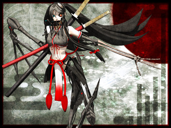 3_fingers abstract_background asian_clothing black_border black_clothing black_hair black_shirt black_topwear bone bone_arm border bottomwear breasts clothing crop_top cybernetic_eye cybernetics female fingers front_view hair jewelry katana loincloth long_arms long_hair looking_aside machine mechanical_arm mechanical_leg medium_breasts melee_weapon midriff navel necklace not_furry outside_border red_eyes red_sun scabbard shirt skull_necklace solo sun sword teal_eyes tied_hair topwear twintails_(hairstyle) weapon white_bottomwear white_clothing white_loincloth wire deino_(artist) calne_ca nato-kun arthropod crustacean humanoid isopod malacostracan robot robot_humanoid 2009 3d_(artwork) 4:3 autodesk_3ds_max_(artwork) digital_media_(artwork)