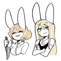 blonde_hair clothing duo female female/female hair knife lace smile smiling_at_viewer rotty+ hare humanoid lagomorph leporid mammal rabbit 1:1