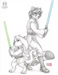 3_toes anthro barefoot blue_lightsaber boots claws clothed clothing digitigrade duo eyebrows eyelashes feet footwear green_lightsaber lightsaber male melee_weapon plantigrade shoes tail toes weapon kacey star_wars felid feline mammal unknown_species 2021 traditional_media_(artwork)