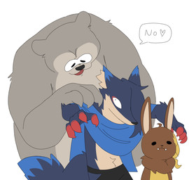 alternate_species anthro blue_body blue_fur brown_body brown_fur clothed clothing dialogue dot_eyes ear_tuft female fully_clothed fur grey_body grey_fur group hair heart_symbol male neck_tuft oblivious simple_background simple_eyes speech_bubble text tied_hair trio tuft white_background boffix nintendo splatoon big_man_(splatoon) frye_(splatoon) shiver_(splatoon) bear canid canine canis lagomorph leporid mammal rabbit wolf 2025 english_text hi_res