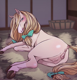 accessory animal_genitalia animal_vulva anus blonde_hair blue_eyes blush bow_(feature) bow_accessory bow_ribbon clitoral_winking clitoris equine_anus equine_genitalia equine_vulva female feral furgonomics genitals hair hair_accessory hair_bow hair_ribbon hooves licking licking_lips licking_own_lips lying nipples nude presenting presenting_anus presenting_teats presenting_vulva puffy_anus ribbons self_lick solo tail tail_accessory tail_bow tail_ribbon teats tongue tongue_out vulva negoya equid equine horse mammal 2018