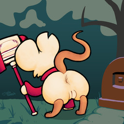 anthro anus bent_over big_butt bottomless bottomless_female butt cemetery clothed clothing female genitals grave holding_object holding_weapon outside raised_tail rear_view solo tail vulva weapon pincoosh mina_the_hollower yacht_club_games mina_(mina_the_hollower) mammal mouse murid murine rodent 1:1 digital_media_(artwork) hi_res signature