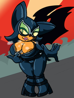 anthro bodily_fluids breasts camel_toe clothing eyewear female goggles leather leather_clothing lipstick makeup musk skin_tight_suit sweat sweaty_breasts undressing undressing_self wings chibitay dc_comics sega sonic_the_hedgehog_(series) catwoman rouge_the_bat bat mammal 3:4 absurd_res hi_res