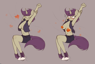 1_horn anthro autumn_leaves bar_emanata biped blush blush_lines bottomwear breasts clothed clothed_anthro clothed_female clothing collarbone constricted_pupils convenient_censorship emanata exposed_breasts eye_through_hair eyebrow_through_hair eyebrows eyelashes eyes_closed female footwear hair horn inner_boob looking_at_breasts looking_at_own_breasts looking_at_self midriff navel pupils purple_hair purple_tail shoes shorts sitting small_pupils sneakers solo stretching tail topwear translucent translucent_hair under_boob vest wardrobe_malfunction rexyseven friendship_is_magic hasbro my_little_pony mythology fan_character lavrushka_(oc) equid equine mammal mythological_creature mythological_equine unicorn 2022 digital_drawing_(artwork) digital_media_(artwork) english_description full-length_portrait hi_res portrait sequence