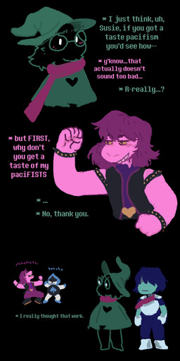 ambiguous_gender ambiguous_human black_background blush clothed clothed_ambiguous clothing dialogue eyewear femboy glasses humor laugh pun scarf simple_background spades_(suit) suit_symbol text invisiblise deltarune undertale_(series) kris_dreemurr lancer_(deltarune) ralsei susie_(deltarune) bovid caprine darkner goat human humanoid lightner mammal reptile scalie 1:2 2018 absurd_res comic digital_media_(artwork) english_text hi_res