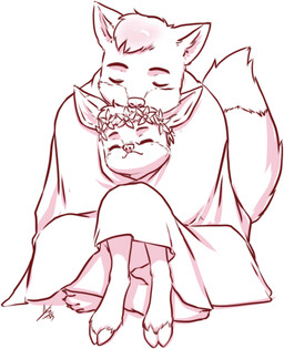 anthro claws duo eyebrows eyes_closed female fur hooves male tail young young_anthro young_female aogami canid canine canis deer mammal wolf hi_res line_art monochrome