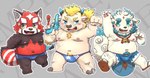 anthro belly blonde_hair bottomwear bulge clothing fur group hair male navel nipples red_body red_fur shorts slightly_chubby speedo swimwear toy toy_gun trio water_gun young shinoda_hamazaki lifewonders tokyo_afterschool_summoners agyo_(tas) babe_bunyan_(tas) zhurong_(tas) ailurid calf mammal red_panda hi_res