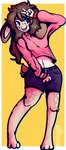 anthro blue_bottomwear blue_clothing blue_eyes blue_shorts border bottomwear breasts brown_hair clothed clothing crop_top female female_anthro floppy_ears fur gesture hair hand_gesture long_ears looking_at_viewer lop_ears midriff navel open_mouth pink_clothing pink_crop_top pink_shirt pink_tongue pink_topwear scut_tail shirt short_tail shorts simple_background smile solo tail tan_body tan_fur tongue topwear v_sign white_border yellow_background literaldeerirl shambles_(shambletime) domestic_rabbit lagomorph leporid lop_rabbit mammal oryctolagus rabbit 2022 adobe_photoshop_(artwork) artist_name digital_drawing_(artwork) digital_media_(artwork) full-length_portrait hi_res portrait screentone shaded