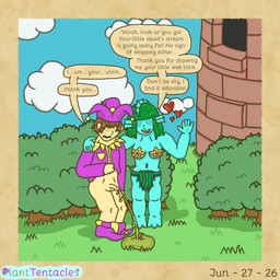 bald_crotch blue_body bodily_fluids bottomwear building clothing cloud dialogue duo embarrassed eyeless female fool's_hat genital_fluids genitals grass hat headgear headwear heart_symbol holding_clothing holding_object holding_shirt holding_topwear jester male pants penis plant presenting presenting_penis seaweed shirt shrub sky starfish_(accessory) starfish_on_nipples text topwear tower urine watersports planttentacles animal_humanoid aquatic aquatic_humanoid asterozoan echinoderm human humanoid mammal starfish 1:1 2026 english_text