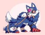 belt blue_body blue_fur claws evolutionary_family feral fur gem group leash red_eyes tongue tongue_out trio thatsquirrelly bandai_namco digimon canid canine digimon_(species) loogamon mammal hi_res