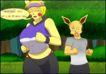 anthro blue_border border duo female female_anthro jogging male male_anthro mature_female sportswear training pok-zone nintendo pokemon fan_character eeveelution generation_1_pokemon jolteon pikachu pokemon_(species) hi_res