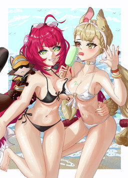 ambiguous_gender animal_ears animal_tail beach big_breasts black_clothing black_nose black_swimwear blonde_hair blush border bracelet breast_squish breasts brown_body brown_fur cheek_tuft clothing dessert eyelashes eyewear eyewear_on_head facial_tuft female feral food front_view fur green_eyes group hair heart_sunglasses heterochromia holding_food holding_ice_cream holding_object ice_cream inner_ear_fluff jewelry long_hair looking_at_viewer navel pawpads pink_hair red_eyes sea smile squish sunglasses sunglasses_on_head swimwear tan_body tan_fur tan_skin thick_thighs trio tuft twintails_(hairstyle) water white_border white_clothing white_swimwear wide_hips yellow_eyes yi_tan_ou mihoyo zenless_zone_zero alice_thymefield ukinami_yuzuha animal_humanoid human humanoid lagomorph lagomorph_humanoid leporid_humanoid mammal mammal_humanoid procyonid rabbit_humanoid raccoon thiren absurd_res hi_res
