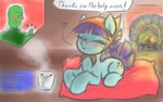 bald beverage blue_body blue_fur blush bodily_fluids candy chocolate crying cutie_mark dessert dialogue duo eyes_closed female feral fireplace fluffy fluffy_tail food fur gesture hand_gesture heart_symbol hooves hot_chocolate inside lying male mane marshmallow on_front pillow purple_mane purple_tail short_mane smile tail tears tears_of_joy text thumbs_up ather_os friendship_is_magic hasbro my_little_pony anon sooty_sweeps_(mlp) earth_pony equid equine horse human mammal pony 2024 digital_drawing_(artwork) digital_media_(artwork) english_text hi_res