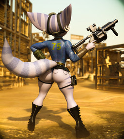 anthro boots clothing ear_piercing eyewear eyewear_on_head female footwear goggles goggles_on_head grenade_launcher gun high_heeled_boots high_heels leotard markings outside piercing pip-boy ranged_weapon rear_view shoes solo striped_body striped_markings striped_tail stripes tail tail_markings wasteland weapon bustin3d fallout insomniac_games microsoft ratchet_and_clank sony_corporation sony_interactive_entertainment rivet_(ratchet_and_clank) lombax mammal 3d_(artwork) absurd_res digital_media_(artwork) hi_res