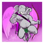 anthro arrow_(weapon) belly border bow_(weapon) cupid's_arrow eyebrows fig_leaf front_view leaf looking_at_viewer male navel nipples nude pecs purple_background raised_eyebrow ranged_weapon simple_background slightly_chubby solo strategically_covered thick_thighs tusks weapon white_border wings bgn roland_(saintajax) elephant elephantid mammal proboscidean 1:1 2021 hi_res