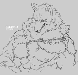 abs anthro clothing fur looking_at_viewer male muscular muscular_anthro muscular_male nipples pecs simple_background solo tuft sigma-d canid canine canis mammal wolf 2023 dated digital_media_(artwork) hi_res monochrome