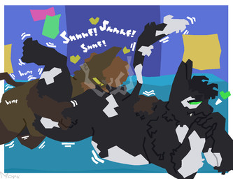 anthro belly black_body black_fur brown_body brown_fur butt butt_sniffing duo fluffy fur green_eyes heart_symbol humping male male/male motion_lines musk musky_butt nude overweight overweight_male simple_background slightly_chubby sniffing white_body white_fur yellow_eyes skitterzo cd_(character) domestic_cat felid feline felis mammal nonbinary_(lore)