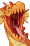 bodily_fluids ear_frill forked_tongue frill_(anatomy) front_view glistening glistening_eyes glistening_tongue horn mouth_shot open_mouth orange_body pink_tongue saliva saliva_on_tongue saliva_string simple_background solo tan_horn tongue tongue_out unsigned white_background yellow_body yellow_frill imperatorcaesar chip_'n_dale_rescue_rangers disney mythology dtz_(cdrr) dragon mythological_creature mythological_scalie scalie headshot_portrait portrait