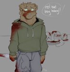 anthro blood blood_on_clothing blood_on_hand blood_splatter bodily_fluids bottomwear brown_body brown_fur clothing corpse denim denim_bottomwear denim_clothing duo ear_piercing floppy_ears freckles fur green_eyes hoodie jeans killing knife male pants piercing pink_nose sad sweat tears topwear yelling cerberussenn family_guy_death_pose tobey_balaguero_(cerberussenn) bird_dog canid canine canis curly_coated_retriever domestic_dog hunting_dog mammal mastiff mixed_breed molosser retriever rottweiler absurd_res hi_res meme signature