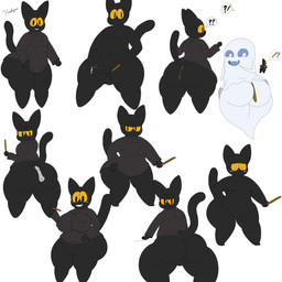 anthro big_butt black_body black_fur blush bodily_fluids bottomless breast_expansion breasts butt clothed clothing crossgender expansion female fur genital_fluids genitals holidays hot_dogging male navel nipples nude partially_clothed penis precum question_mark robe sex simple_background thick_thighs vulva wand white_background yellow_sclera whyra google google_doodle halloween magic_cat_academy momo_(google) domestic_cat felid feline felis ghost mammal spirit 1:1 2020 absurd_res hi_res