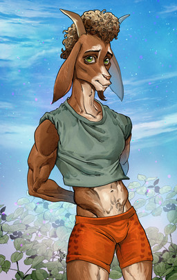anthro athletic athletic_anthro athletic_male bottomwear brown_body brown_fur brown_hair clothing fur hair horn male multicolored_body multicolored_fur navel outside shirt shorts solo topwear two_tone_body two_tone_fur white_body white_fur karina.gk goat_(movie) sony_corporation sony_pictures will_harris bovid caprine goat mammal hi_res
