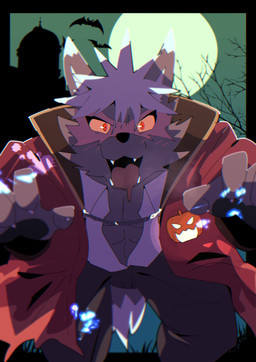 anthro black_body black_fur blush cape clothing facial_scar fangs full_moon fur holidays jack-o'-lantern male moon night red_eyes scar solo teeth vampire_costume yellow_sclera ruentn halloween lifewonders tokyo_afterschool_summoners tadatomo_(tas) bat canid canine canis domestic_dog mammal vampire hi_res