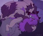 anthro bed blue_eyes claws duo female finger_claws fur furniture grey_body grey_fur lying male multi_tail on_back pillow pink_eyes purple_body purple_fur smile tail toe_claws coffeefly nintendo pokemon eclair_(glazevevo) glaze_(glazevevo) generation_5_pokemon pokemon_(species) zoroark 2024 hi_res signature