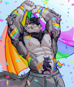 anthro arm_hair armpit_hair big_muscles body_hair bottomwear chest_hair clothed clothing eyes_closed facial_hair grin hairy hands_above_head happy_trail lgbt_pride male male_anthro markings muscular muscular_anthro muscular_male pants pride pride_color_accessory pride_color_clothing pride_colors pubes raised_arms smile solo sweatpants toothy_grin topless topless_anthro topless_male sir_arion alex_nightmurr canid canine canis mammal wolf 2025 absurd_res hi_res story story_in_description