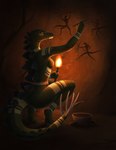 anthro bodypaint breasts butt cave_painting crouching female green_body green_scales nude painting scales side_boob solo spiked_tail spikes spikes_(anatomy) spinal_plates tail thagomizer torch sylviatei dinosaur ornithischian prehistoric_species reptile scalie stegosaurian stegosaurus thyreophoran hi_res