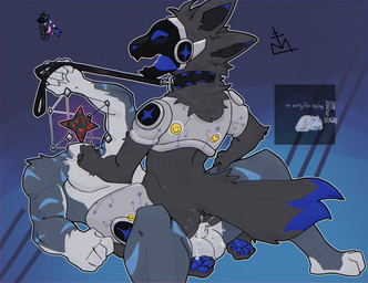abstract_background anthro anthro_on_anthro balls blue_background blue_markings blue_pawpads blue_tail_tip bodily_fluids collar cum cum_in_ass cum_inside cum_on_feet cum_on_paw cum_on_self dipstick_tail dominant dominant_male feet for_a_head fur genital_fluids genitals goo_tongue gradient_background grey_ears leash leash_pull leashed_collar leashed_male machine male male/male markings multi_ear multicolored_body multicolored_fur outline pawpads paws penetration penile penile_penetration pink_aura protogen_armor protogen_face protogen_visor shark_fin shark_tail simple_background sticker stickers_on_body submissive submissive_male subspace_tripmine tail tail_markings tongue tongue_out pawjobfreak azure_(floobspace) floob_(floobspace) aquatic fish object_head protogen shark absurd_res hi_res meme sketch