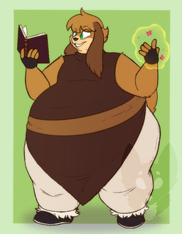 anthro belly big_belly biped black_clothing black_footwear black_shoes border bottomwear brown_body brown_clothing brown_ears brown_fur brown_hair brown_tail brown_topwear clothed clothed_anthro clothed_male clothing floppy_ears fluffy fluffy_ears footwear fur green_background green_border green_eyes hair magic_book magic_user male male_anthro obese obese_anthro obese_male overweight overweight_anthro overweight_male pants shadow shoes simple_background solo tail thick_thighs topwear white_bottomwear white_clothing white_pants wide_hipped_anthro wide_hipped_male wide_hips yellow_magic strawberrymilkdog noah_dahlgren bird_dog canid canine canis cocker_spaniel domestic_dog hunting_dog mammal spaniel 2021 colored hi_res