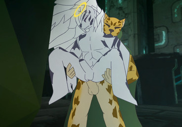 anal anal_penetration anthro cape cape_only clothing duo erection genitals halo male male/male mostly_nude nude penetration penis wings zenith_arts atlus megami_tensei sega ose_(megami_tensei) ose_hellel felid feline leopard mammal pantherine hi_res