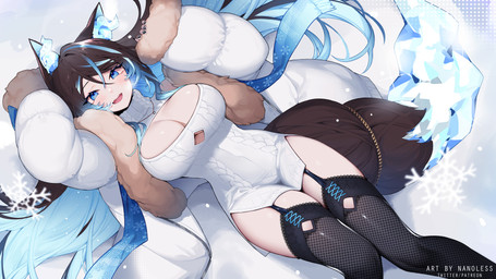 big_breasts black_hair blue_eyes blue_highlights breasts clothing female front_view hair highlights_(coloring) legwear long_hair looking_at_viewer simple_background smile snowflake solo stockings sweater tail topwear white_clothing white_sweater white_topwear nanoless vtuber sinder_(vtuber) animal_humanoid humanoid 16:9 2024 digital_media_(artwork) hi_res widescreen