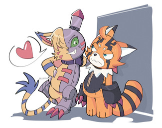 ahoge anthro cybernetics duo female flirting fur grin gun_arm hair hair_over_eyes heart_symbol machine male markings orange_body orange_fur smile striped_markings striped_tail stripes tail tail_markings weapon_arm yellow_body yellow_fur luxinova bandai_namco digimon cyborg digimon_(species) maquinamon pristimon hi_res