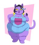 2024 anthro barefoot belly belly_overhang big_belly black_eyes black_hair black_pawpads blue_highlights breasts catty_(undertale) cleavage clothed clothing domestic_cat fangs feet felid feline felis female hair hi_res highlights_(coloring) mammal obese obese_female overalls overweight overweight_female pawpads purple_hair standing teeth thick_thighs undertale undertale_(series) wide_hips yellow_sclera yellowhellion