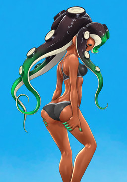 bikini blue_background breasts bubble_butt butt clothing female glistening glistening_butt hand_on_butt medium_breasts not_furry pseudo_hair rear_view simple_background slim solo swimwear tentacle_hair tentacles two-piece_swimsuit koharuno2 nintendo splatoon marina_(splatoon) aquatic cephalopod humanoid mollusk octarian octoling hi_res