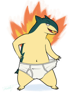 anthro balls_outline barefoot briefs briefs_only briefs_pull brown_eyes bulge clothed clothing detailed_bulge feet finger_in_underwear genital_outline green_text grey_seam_briefs male navel open_mouth open_smile sharp_teeth simple_background smile solo teeth teeth_showing text tighty_whities topless topless_anthro topless_male underwear underwear_only waistband_pull white_background white_briefs white_clothing white_underwear ursanity nintendo pokemon generation_2_pokemon pokemon_(species) typhlosion hi_res signature