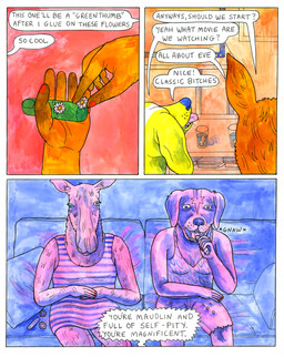 anthro blue_nose bottomwear breasts brown_body brown_fur clothed clothing colored_nails dialogue dress duo female fingernails fully_clothed fur furniture humanoid_hands nails on_sofa pink_tongue profanity red_fingernails red_nails shirt shorts sitting sitting_on_sofa snout sofa speech_bubble tank_top teeth text tongue tongue_out topwear whiskers yellow_body yellow_fur lisa_hanawalt canid canine canis deer domestic_dog mammal moose new_world_deer comic english_text hi_res traditional_media_(artwork)