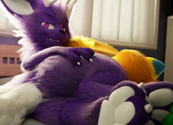 ambiguous_gender anthro butt claws detailed_background duo fluffy fluffy_tail fur hand_on_hip horn looking_at_viewer lying multicolored_body multicolored_fur on_side orange_body orange_fur pawpads paws presenting presenting_hindquarters purple_body purple_eyes purple_fur tail teeth two_tone_body two_tone_fur white_body white_fur anduke bailey_(anduke) doodle_the_rabbit canid canine canis domestic_dog herding_dog hybrid lagomorph leporid mammal pastoral_dog rabbit welsh_corgi 3d_(artwork) digital_media_(artwork)