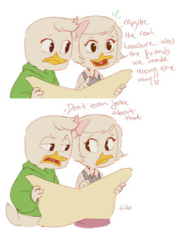 bottomless clothed clothing dialogue duo emanata female holding_object humor looking_aside looking_at_another male map shirt simple_background text topwear white_background turning-the-tides disney ducktales ducktales_(2017) louie_duck webby_vanderquack anatid anseriform avian bird duck english_text hi_res