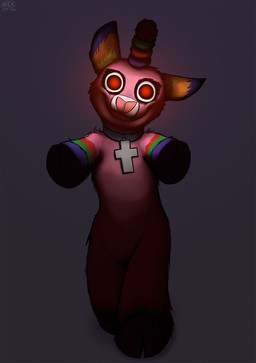 ambiguous_gender big_eyes collar creepy cross feral fur glowing glowing_eyes grey_background hooves horn looking_at_viewer nightmare_fuel pinata pink_body pink_fur red_eyes semi-anthro simple_background smile solo keadanger mythology scp_foundation scp-956 animate_inanimate equid equine living_pinata mammal mythological_creature mythological_equine unicorn 2018 absurd_res hi_res