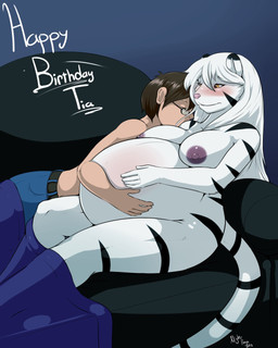 anthro areola bedding belly belt big_belly biped black_body black_fur blanket bottomwear brown_hair clothed clothing denim denim_bottomwear denim_clothing duo eyes_closed eyes_mostly_closed eyewear female fur furniture glasses hair hand_on_belly happy_birthday hug human_on_anthro inside interspecies interspecies_pregnancy jeans leaning leaning_backward long_hair male male/female markings medium_hair narrowed_eyes nipple_dip nipples nude pants pregnant pregnant_anthro pregnant_female purple_areola purple_nipples romantic romantic_couple round_glasses sitting sofa striped_markings striped_tail stripes tail tail_markings text topless white_body white_fur white_hair yellow_eyes nightfaux felid human mammal pantherine tiger 2015 4:5 artist_name colored english_text hi_res shaded