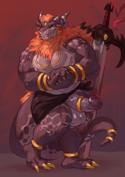 accessory anklet balls big_balls big_penis claws cock_ring ear_piercing ear_ring erection fur furgonomics genitals glans horn jewelry male mane melee_weapon muscular muscular_male penis penis_accessory penis_jewelry piercing plantigrade ring ring_piercing sword tail tail_accessory tail_jewelry tail_ring weapon babanasaur scalie absurd_res hi_res
