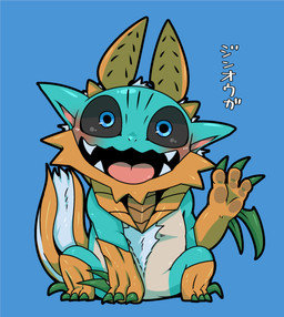 all_fours black_sclera blue_body blue_fur blush chibi claws fangs feral fur gesture horn simple_background sitting smile solo spikes teeth text toe_claws waving white_body white_fur doneru capcom monster_hunter fanged_wyvern monster zinogre absurd_res hi_res japanese_text