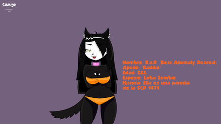 anthro bare_shoulders big_breasts bikini black_body breasts cleavage clothed clothing female glistening glistening_breasts hair hands_behind_back hip_sway inner_ear_fluff long_hair looking_at_viewer navel open_mouth open_smile orange_bikini orange_clothing orange_swimwear pupils simple_background slit_pupils small_waist smile solo strapless_bikini strapless_clothing strapless_swimwear swimwear tail tail_motion tailwag text triangle_nose tuft two-piece_swimsuit white_face wide_hips yellow_sclera castigo b.a.d._(castigo) canid canine canis mammal wolf 2026 animated artist_name hi_res model_sheet portrait spanish_text three-quarter_portrait