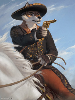 ambiguous_gender anthro clothed clothed_anthro clothed_male clothing detailed_clothing duo feral fur furgonomic_hat furgonomic_headwear furgonomics gun handgun male mane outside pointing_gun ranged_weapon red_eyes reins revolver riding_horse saddle teeth text weapon white_body white_fur ariesredlo canid canine equid equine fox horse mammal 2026 3:4 artist_name