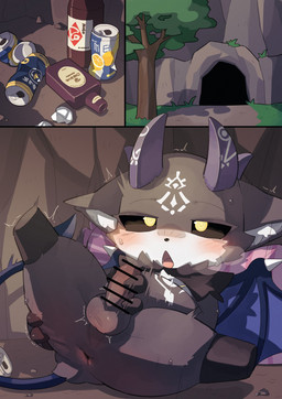 anthro anus balls black_body black_fur black_sclera blush erection fur genitals kemono male penis shortstack shortstack_male solo spread_legs spreading wings yellow_eyes bigoyatsu nijisanji vtuber debidebi_debiru demon absurd_res censored hi_res